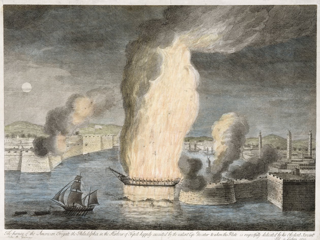 The Burning of the American Fregate [sic] Philadelphia i Tripoli havn, 1805 (håndkoloreret streggravering på lagt papir) af John B. Guerazzi