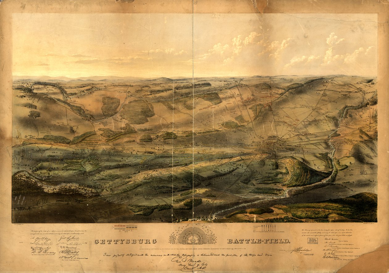 Gettysburg slagmark. Slaget udkæmpet ved Gettysburg, Pa., 1., 2. og 3. juli 1863 af de føderale og konfødererede hære, kommanderet af henholdsvis genl. G. G. Meade og Genl. Robert E. Lee af John Bachelder