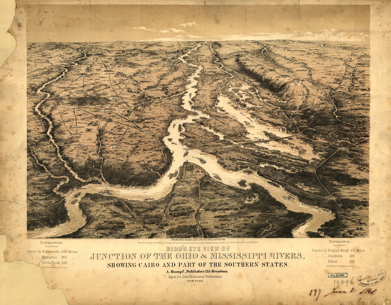 Fugleperspektiv af sammenløbet af floderne Ohio og Mississippi, der viser Cairo og en del af de sydlige stater LOC 99447003 af John Bachmann