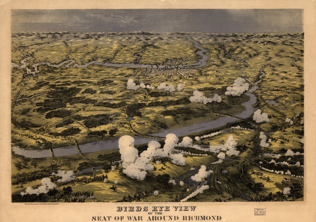 Fugleperspektiv af krigsskuepladsen omkring Richmond med slaget ved Chickahominy River, 29. juni 1862 LOC 99448489 af John Bachmann
