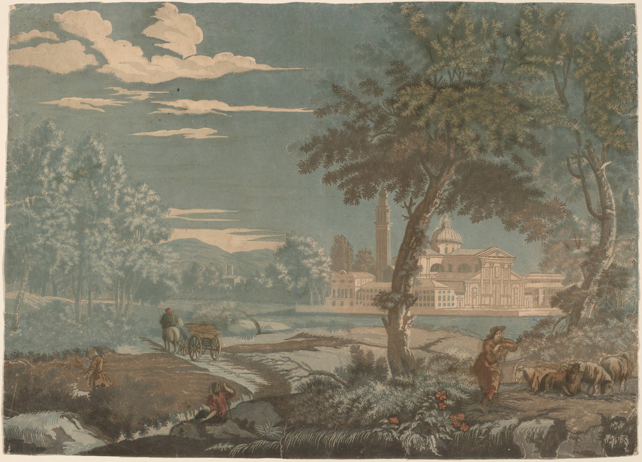 Heroisk landskab med vogn og gedehyrde, med San Giorgio Maggiore i baggrunden af John Baptist Jackson after Marco Ricci