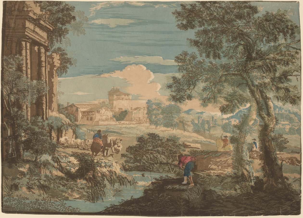 Heroisk landskab med fisker, køer og ryttere af John Baptist Jackson after Marco Ricci