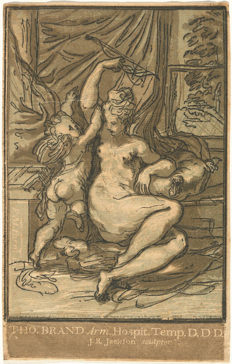Venus og Amor med en bue af John Baptist Jackson, after Parmigianino
