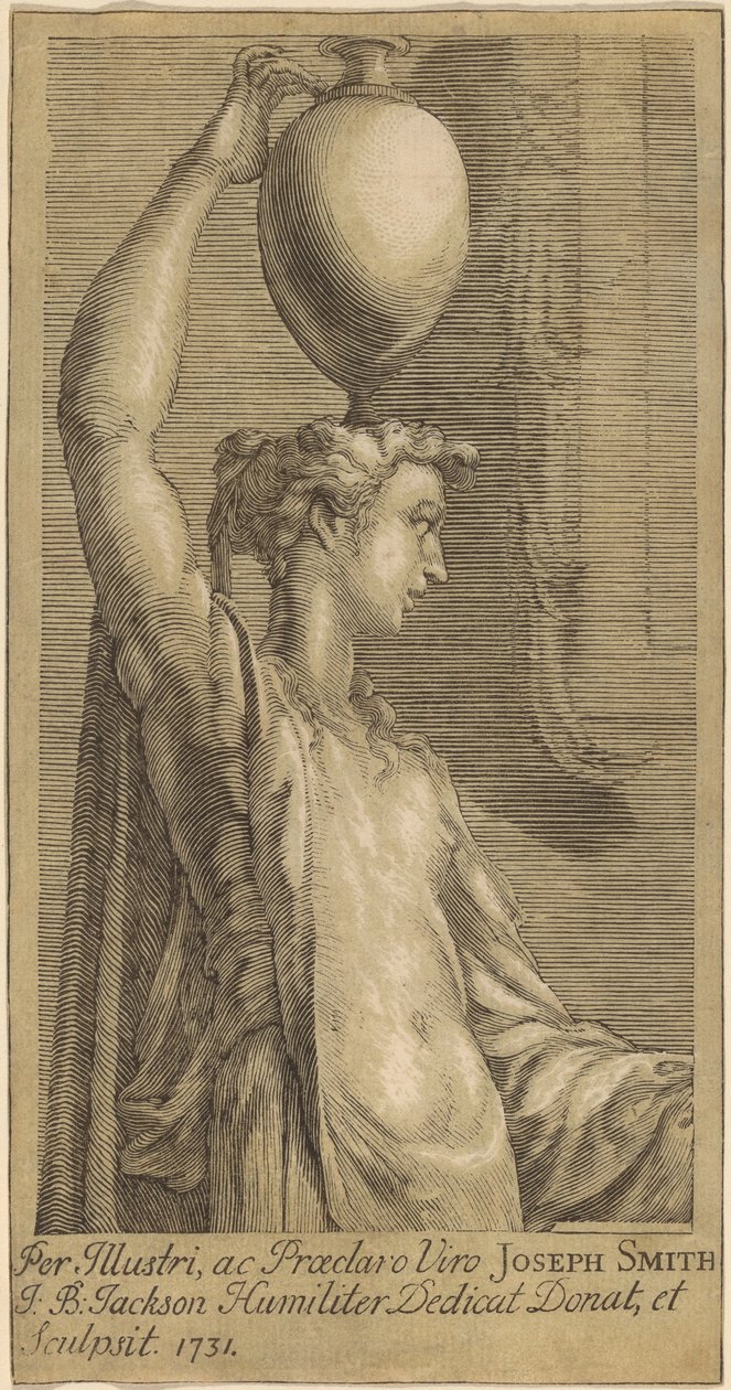Kvinde stående med en krukke på hovedet af John Baptist Jackson, after Parmigianino