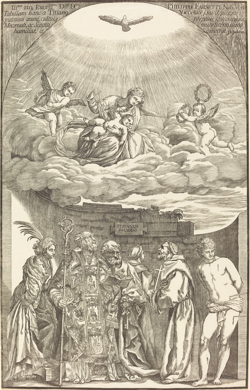 Jomfruen i skyer og seks hellige af John Baptist Jackson after Titian