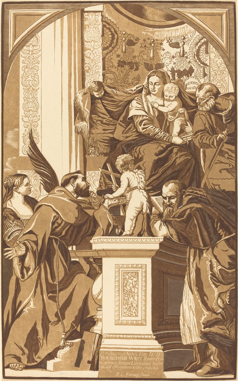 Hellige familie og fire hellige af John Baptist Jackson after Veronese