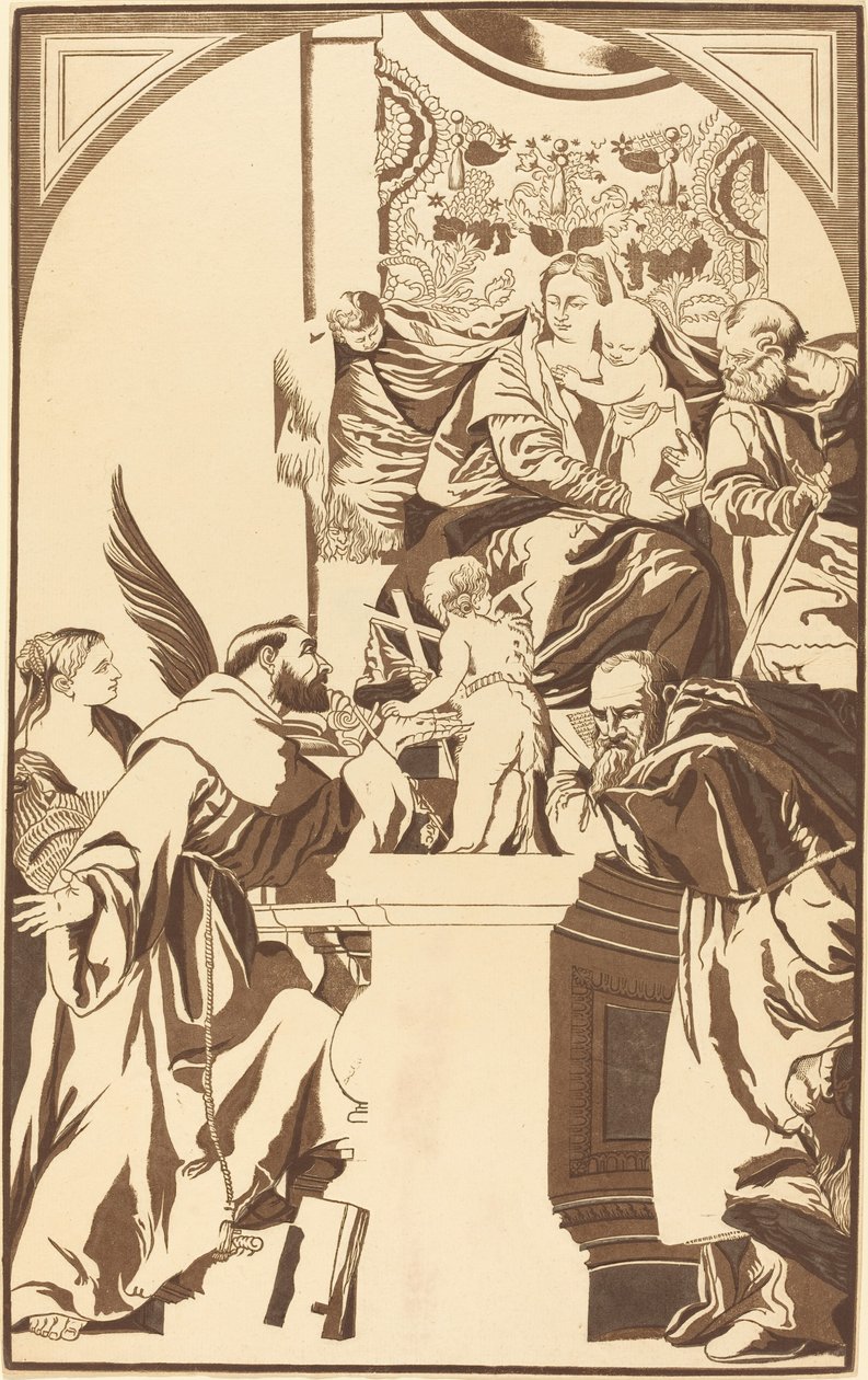 Hellige familie og fire hellige af John Baptist Jackson after Veronese