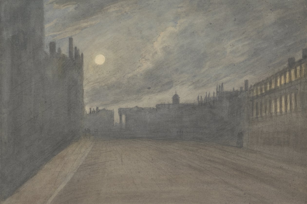 Broad Street, Oxford, fuldmåne, 1790 (wc over trækul og grafit på papir) af John Baptist Malchair