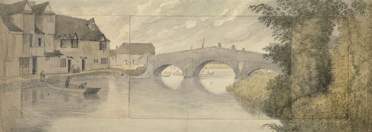 Hythe Bridge, Oxford, 1789 (akvarel over grafit på tre ark papir klistret på et større ark) af John Baptist Malchair