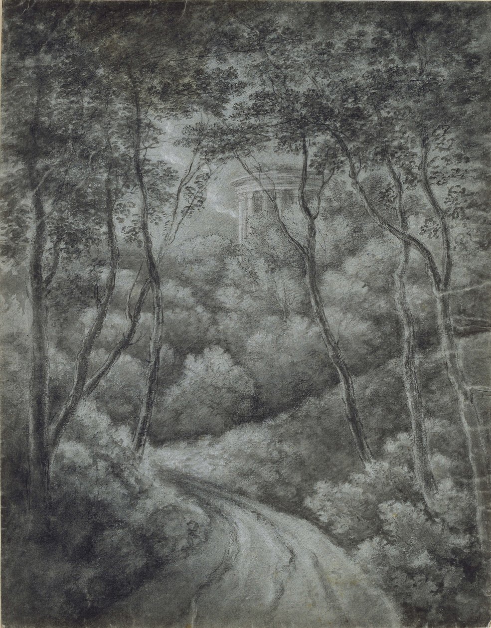 Landskab med en sti gennem en skov og et klassisk tempel (blød grafit og hvidt kridt på blåt papir) af John Baptist Malchair