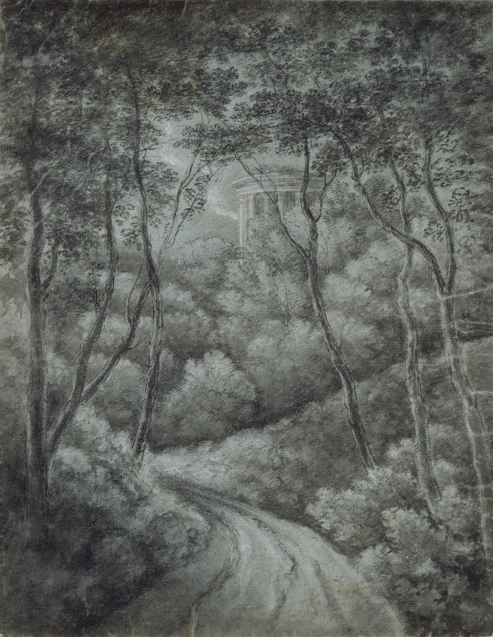 Landskab med en sti gennem en skov og et klassisk tempel, slutningen af det 18. århundrede. af John Baptist Malchair