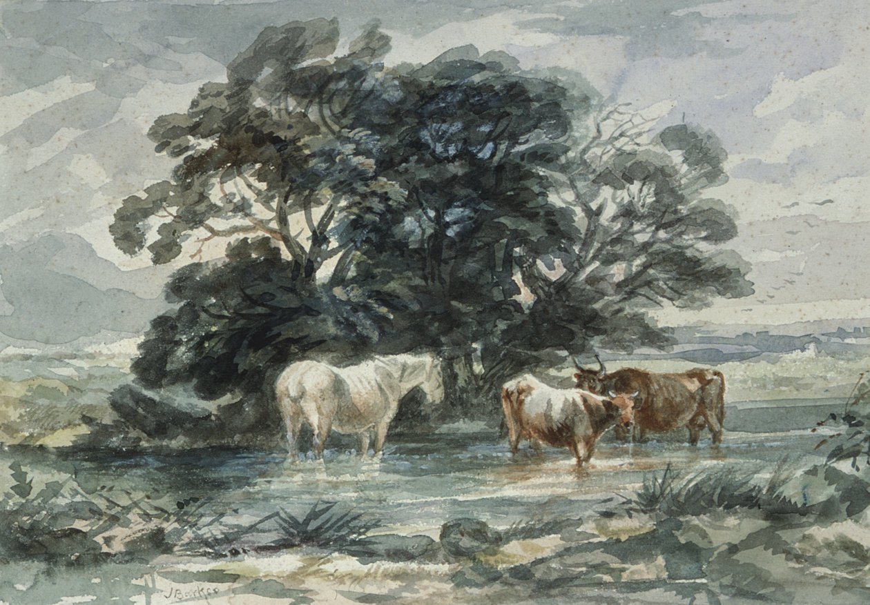 Landskab, to køer og en hest stående i vand, (skitse) af John Barker
