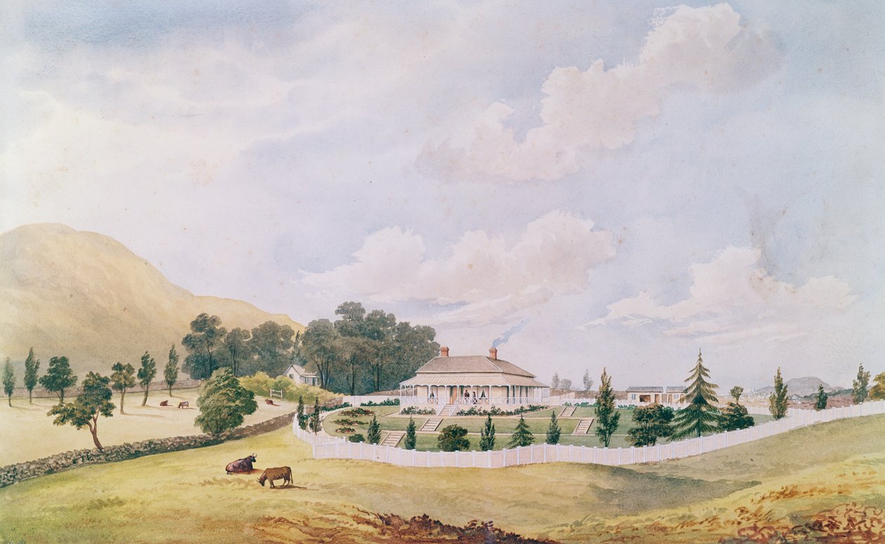 Harry Cobleys hus, Devonport, Auckland, New Zealand, bygget ca. 1867 (wc og kinesisk hvidt på papir) af John Barr Clark Hoyte