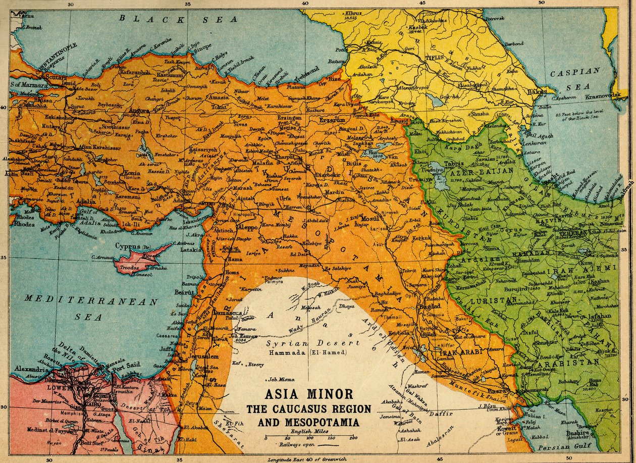Lilleasien, Kaukasus-regionen og Mesopotamien, Første Verdenskrig, c1915, c1920. af John Bartholomew and Son