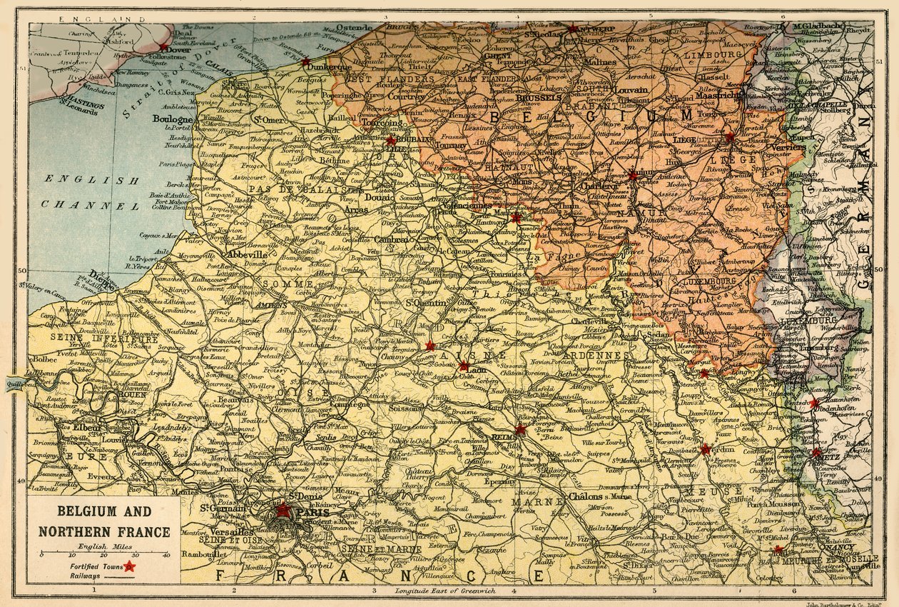 Kort over Belgien og Nordfrankrig, c1914, c1920. af John Bartholomew and Son