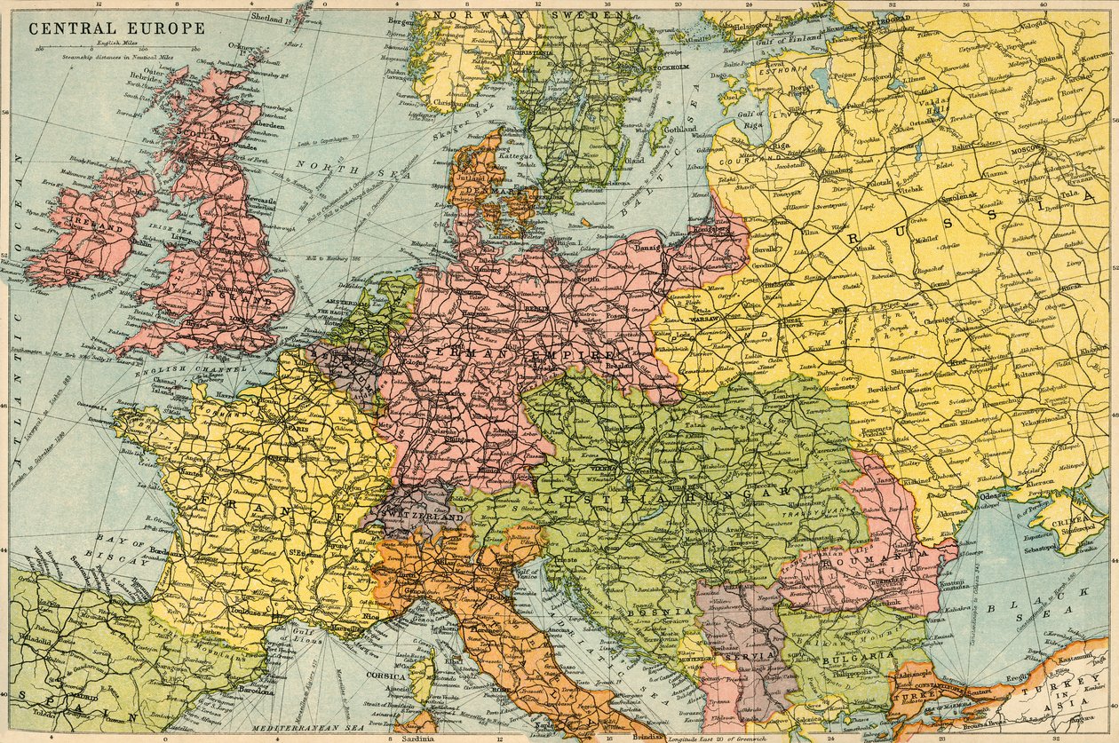 Kort over Centraleuropa, c1914. af John Bartholomew and Son