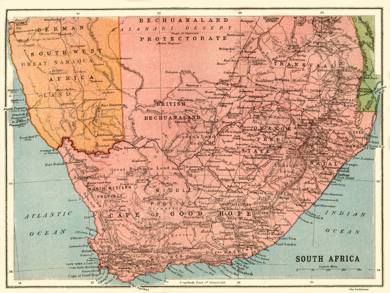 Kort over Sydafrika, c1914, c1920. af John Bartholomew and Son