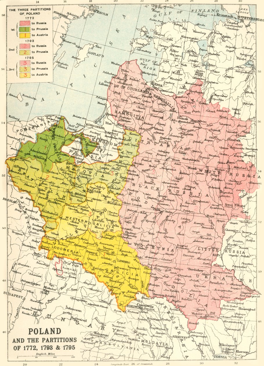 Polen og delingerne 1772, 1793 & 1795, c1920. af John Bartholomew and Son