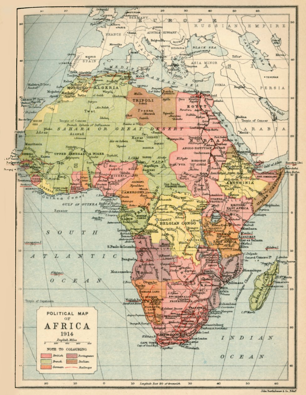 Politisk kort over Afrika, 1914, 1920. af John Bartholomew and Son