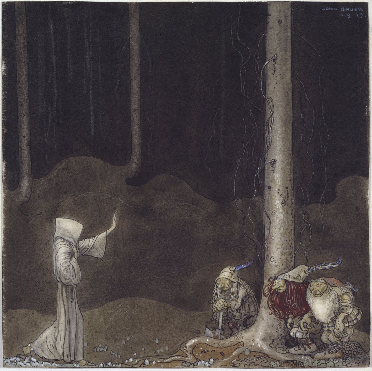 Frere Martin et les trois trolde - Broder Martin og tre trolde, af Bauer, John (1882-1918). Akvarel på papir af John Bauer