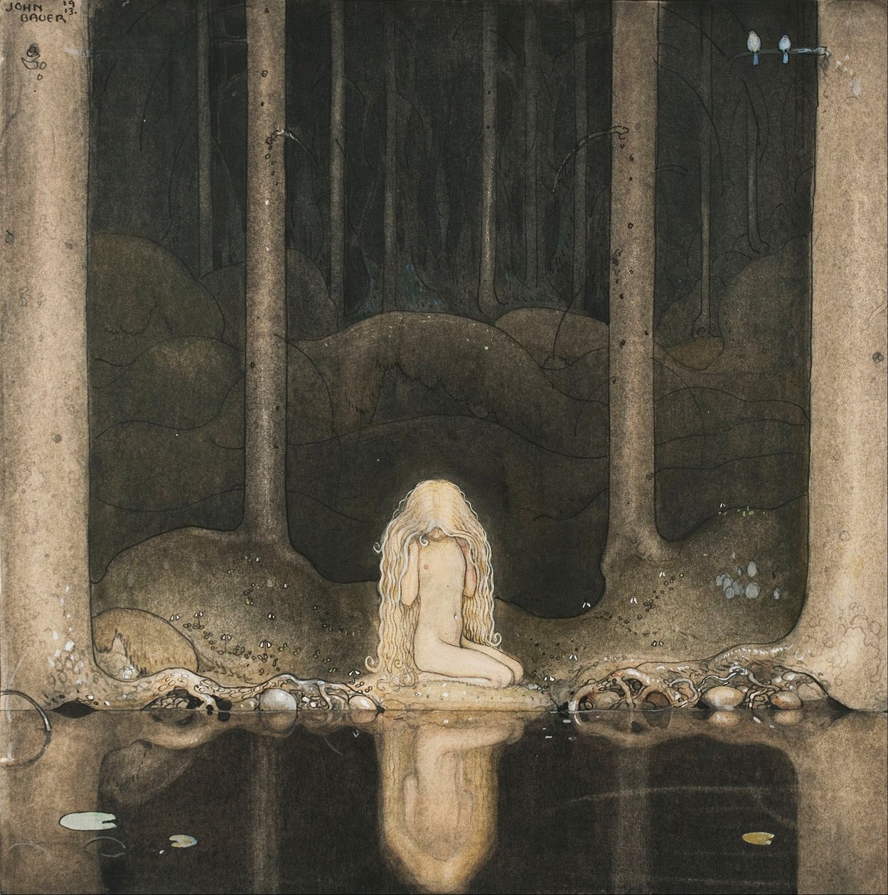 Prinsesse Tuvstarr sidder der stadig længselsfuldt og kigger ud i vandet, 1913 af John Bauer