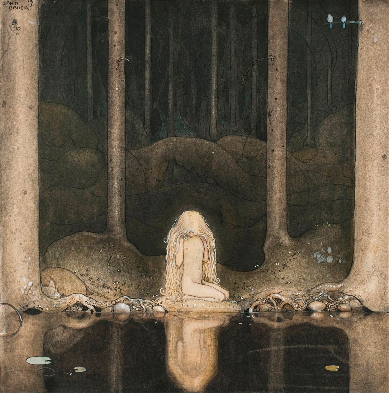 Prinsesse Tuvstarr ser på søens vand med nostalgi af John Bauer