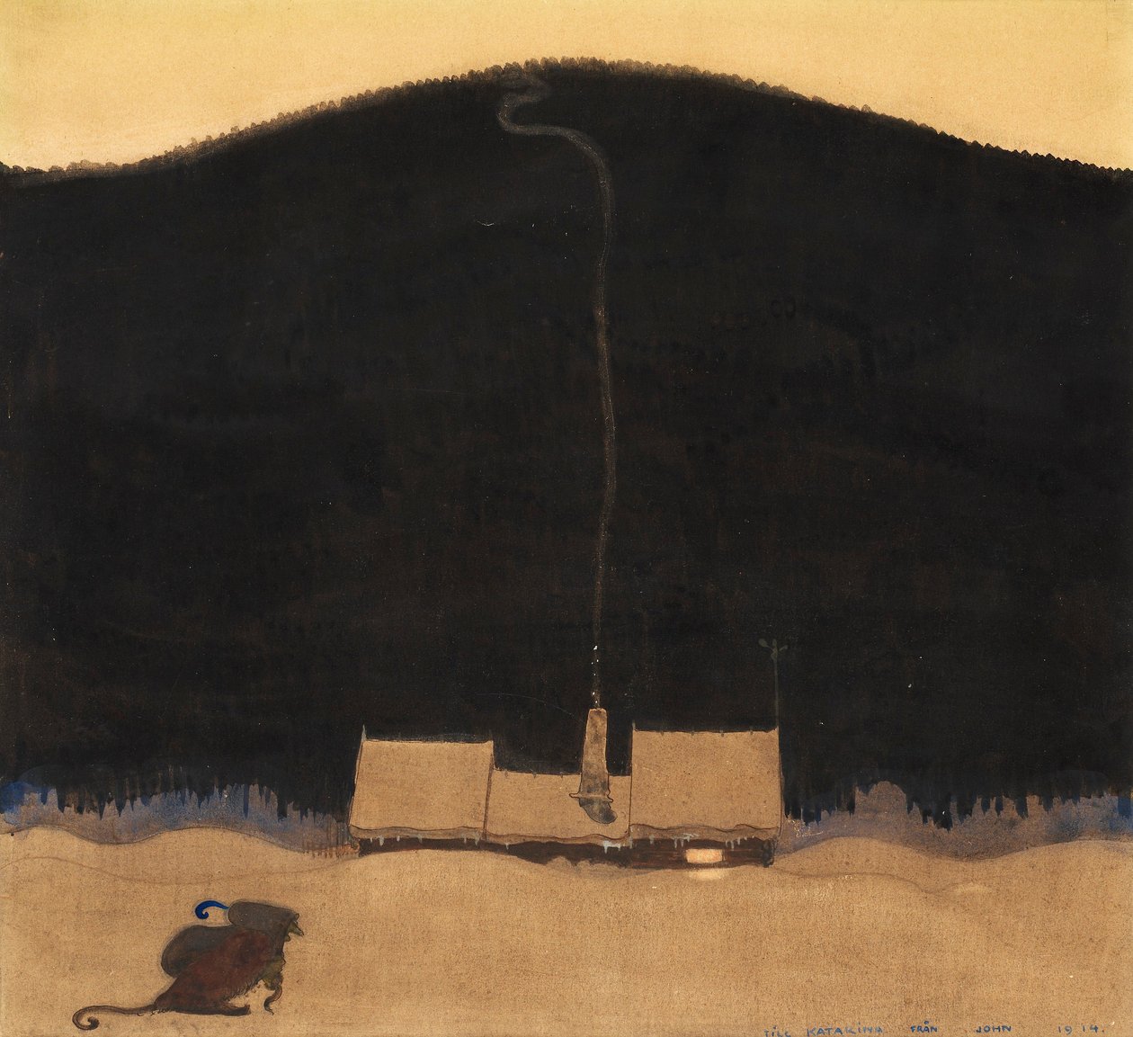 Sommerhuset ved foden af ​​bjerget, illustration til "När Trollmor skötte Kungens Storbyk" af Elsa Beskow i "Bland tomtar och troll" (Blandt nisser og trolde) af John Bauer