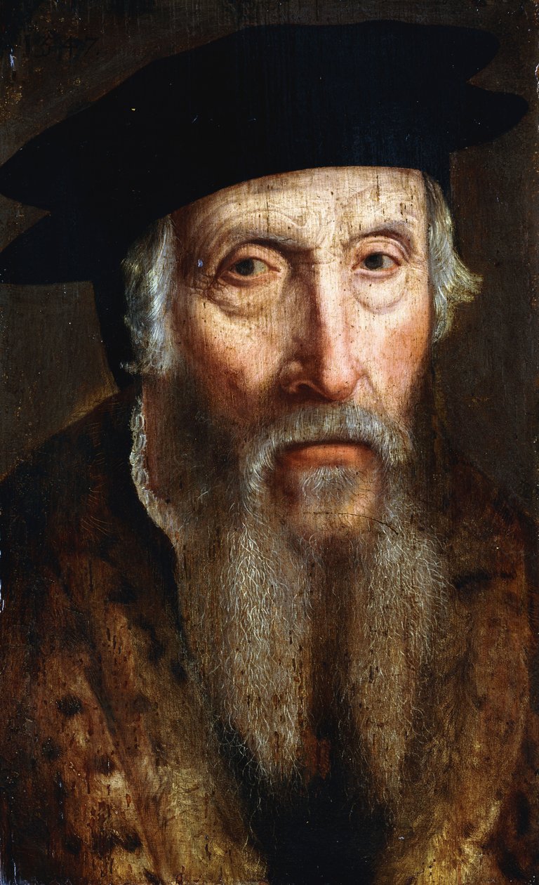 Portræt af en skægget mand, brystlængde, i en pelsklippet frakke og sort hat, ca. 1547 af John Bettes