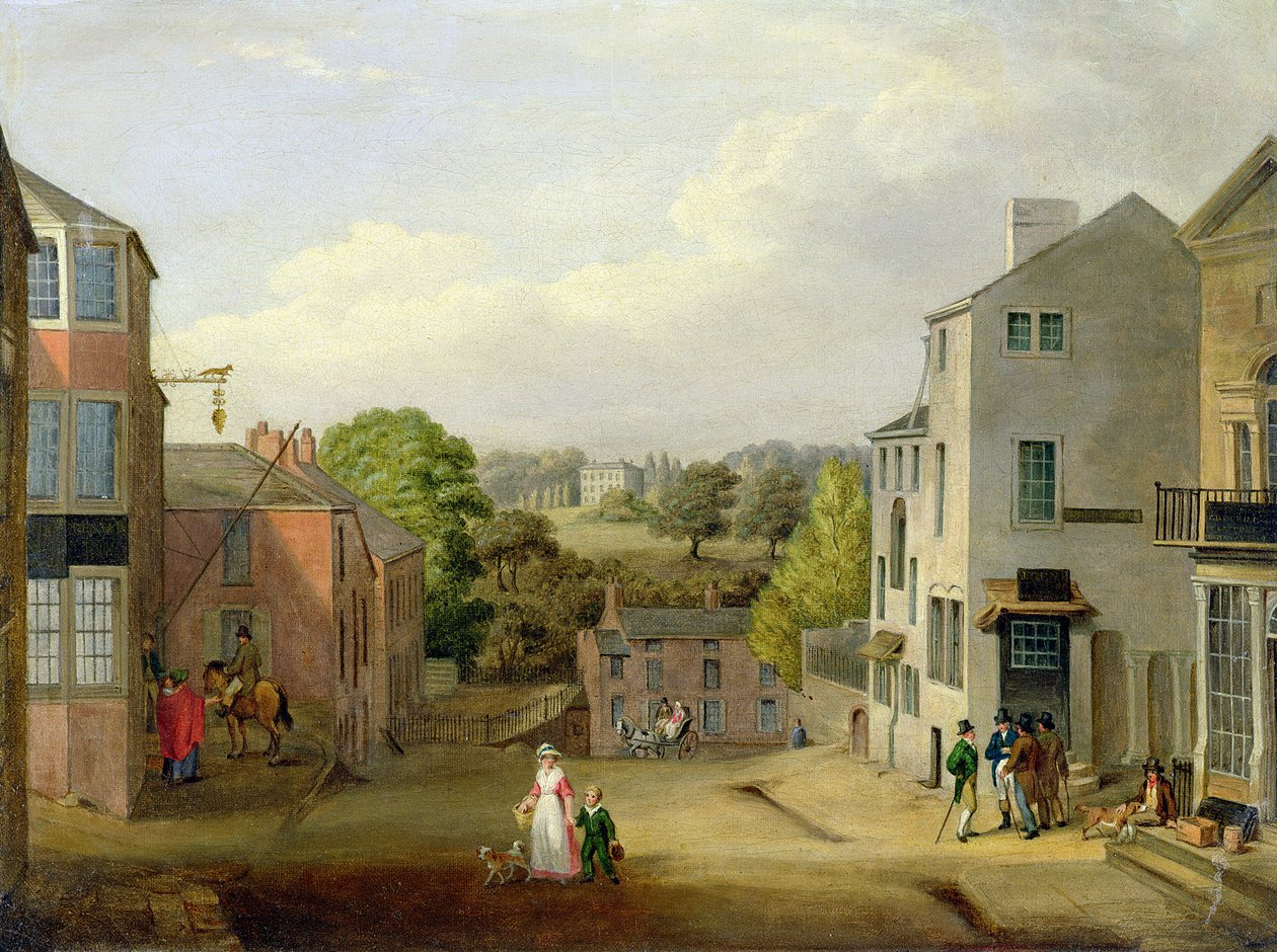 Gadescene i Chorley, Lancashire, med udsigt over Chorley Hall, ca. 1790-1817 af John, Bird