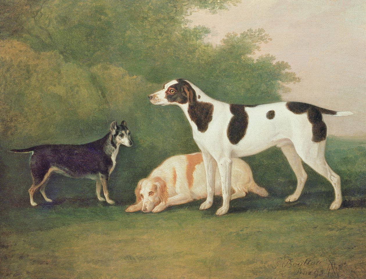 Tre hunde i et landskab af John Boultbee