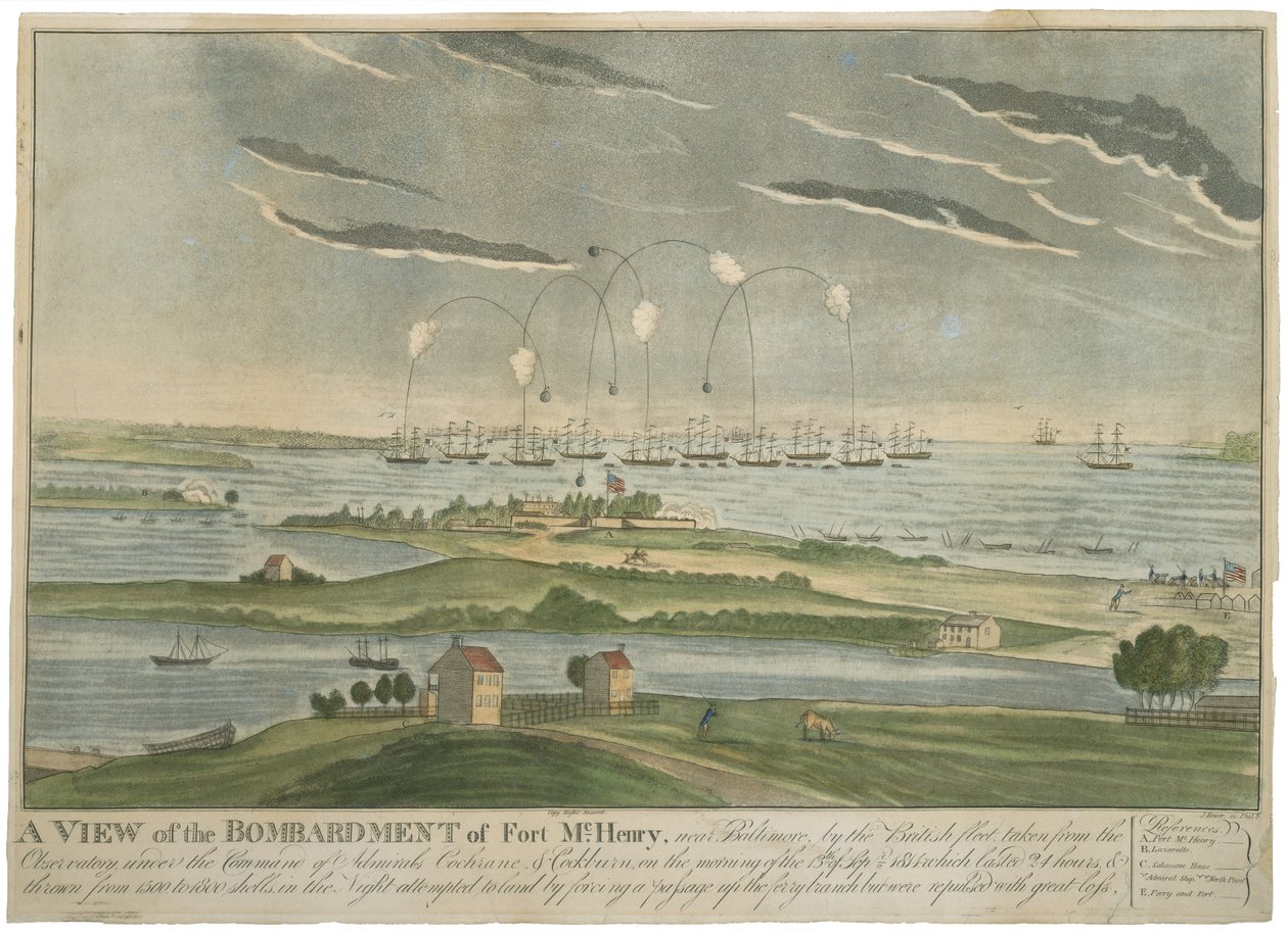 En udsigt over bombardementet af Fort McHenry, ca. 1815 (håndfarvet akvatint på vævet papir) af John Bower