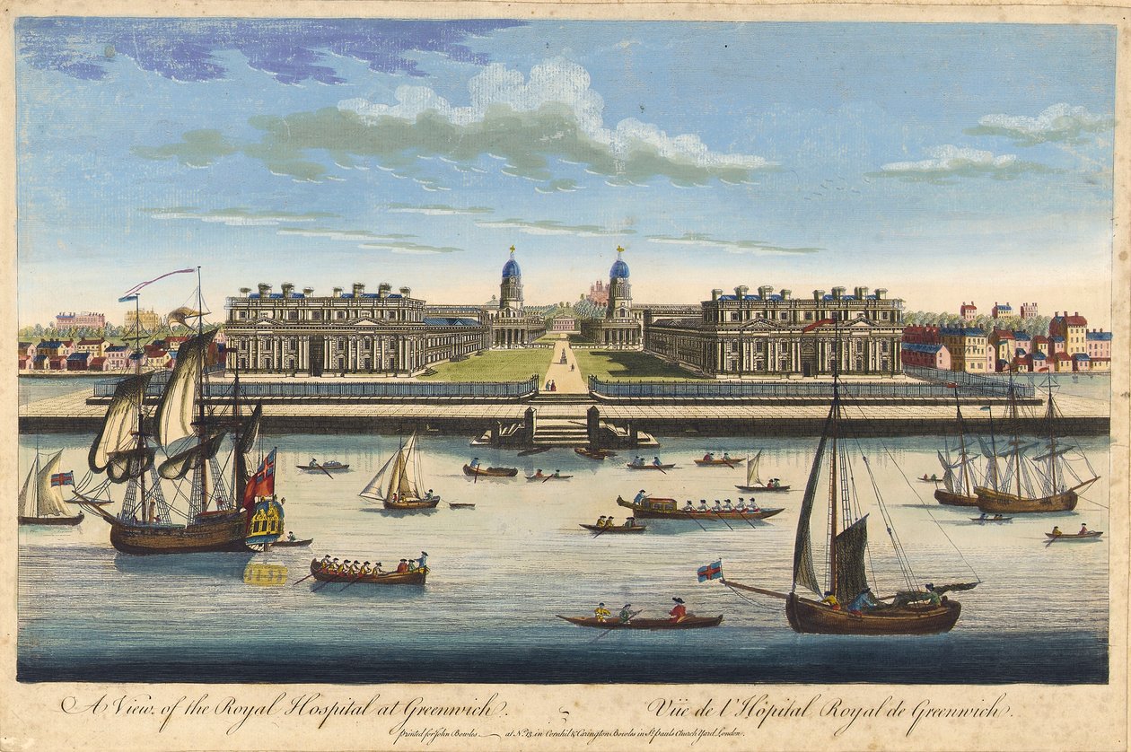 Udsigt over det kongelige hospital i Greenwich, ca. 1770 (farvelagt radering) af John Bowles