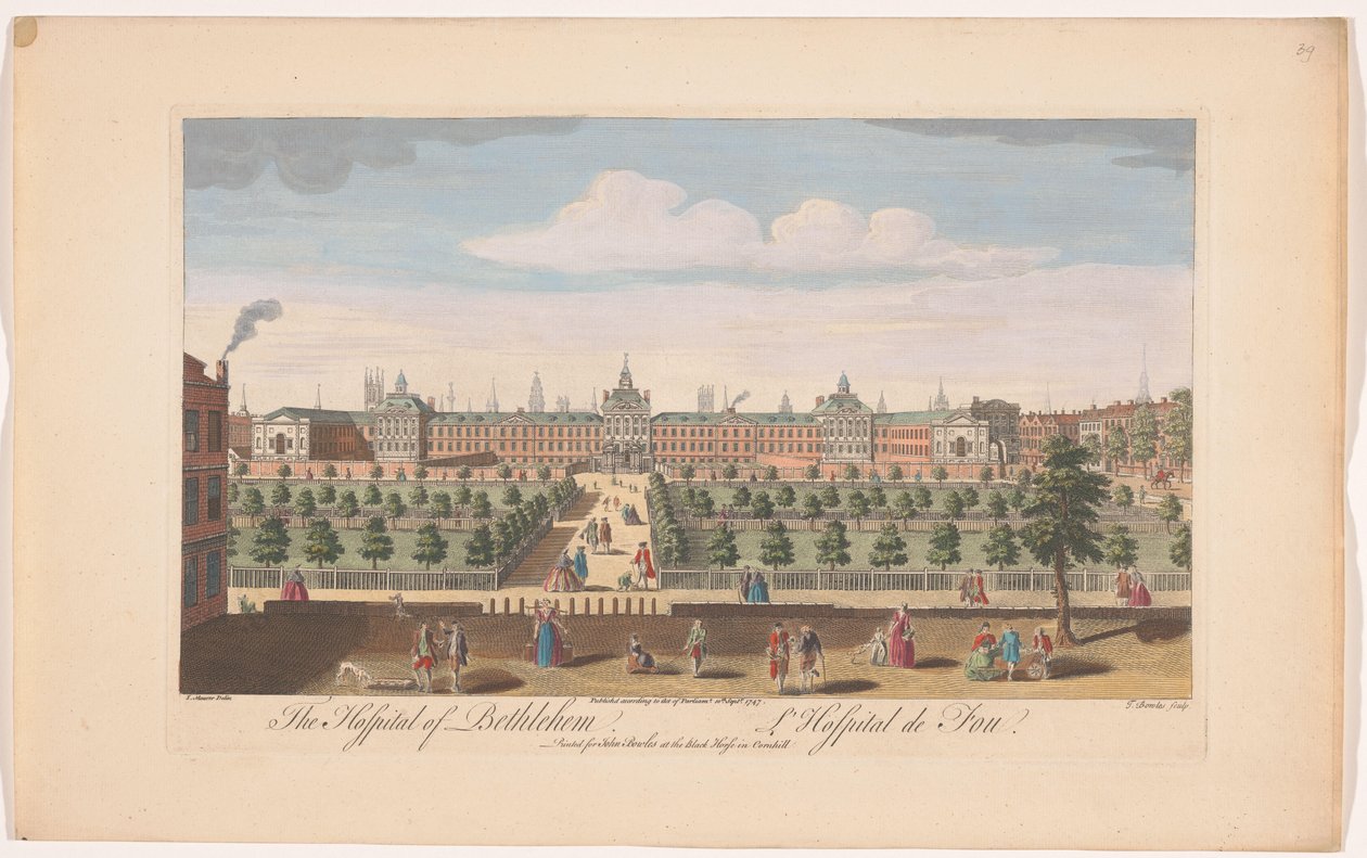 Udsigt over Betlem Royal Hospital i London Hospitalet i Betlehem (titel på objekt) af John Bowles