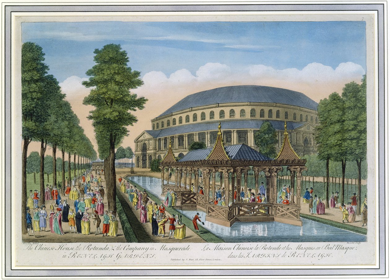 Det kinesiske hus, rotunden og selskabet i Masquerade i Ranelagh Gardens (farvet akvatint) af John Bowles