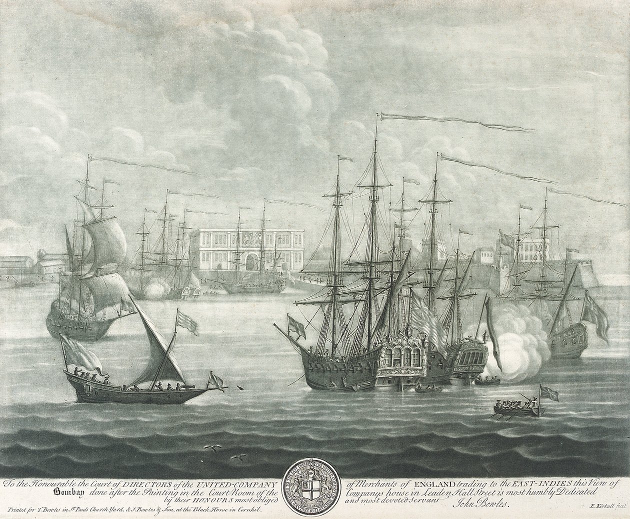 Udsigt over Bombay (Indien), dedikeret til direktøren for British East India Company. Gravering af John Bowles () af John Bowles