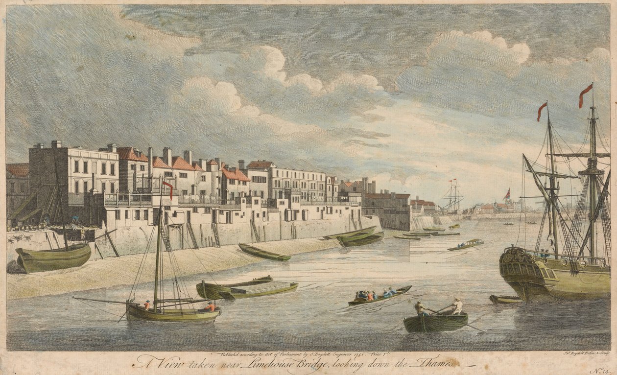 Udsigt set nær Limehouse Bridge, ned ad Themsen af John Boydell