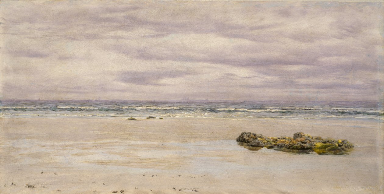 Kennack Sands, Cornwall, ved lavvande, 1877 (olie på pap, monteret som en tegning) af John Brett