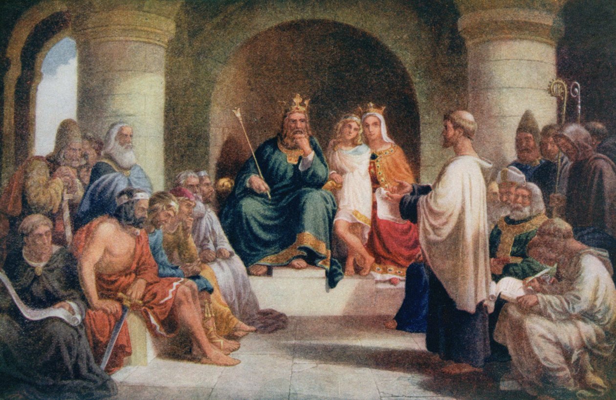 Kong Alfred (849-99) indsender sine love til Witan, illustration fra 