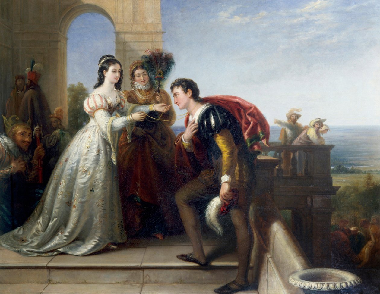 "Rosalinde et Orlando" Personnages de la piece de theatre "Comme il vous plaira" de William Shakespeare. (Rosalind og Orlando, fra Shakespeares "As You Like It") Peinture de John Bridges (1818-1854) Collection privee af John Bridges