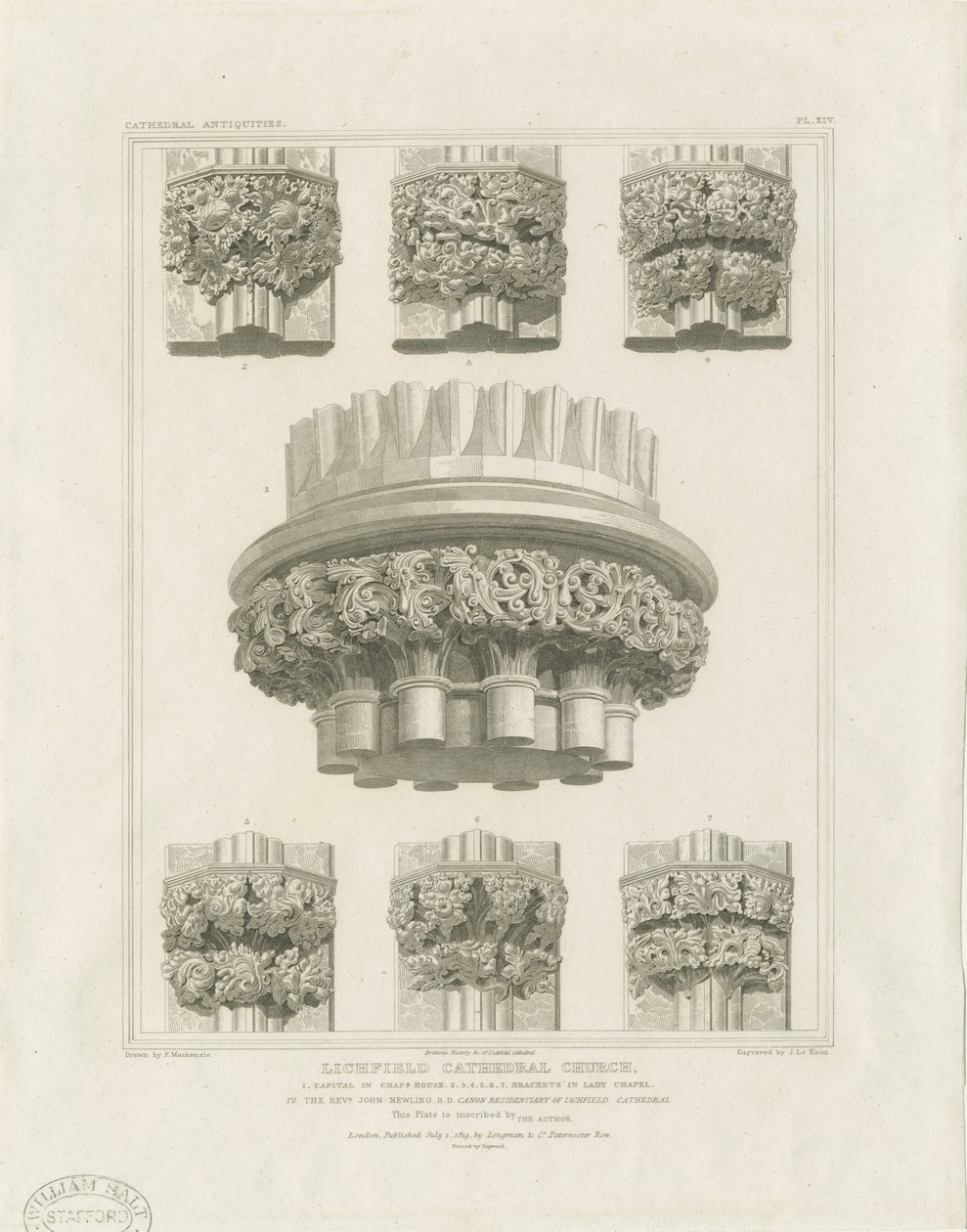 Interiør af Lichfield Cathedral - Klyngesøjle i kapitelhus og beslag i Lady Chapel: gravering, nd [c 1819] (tryk) af John Britton