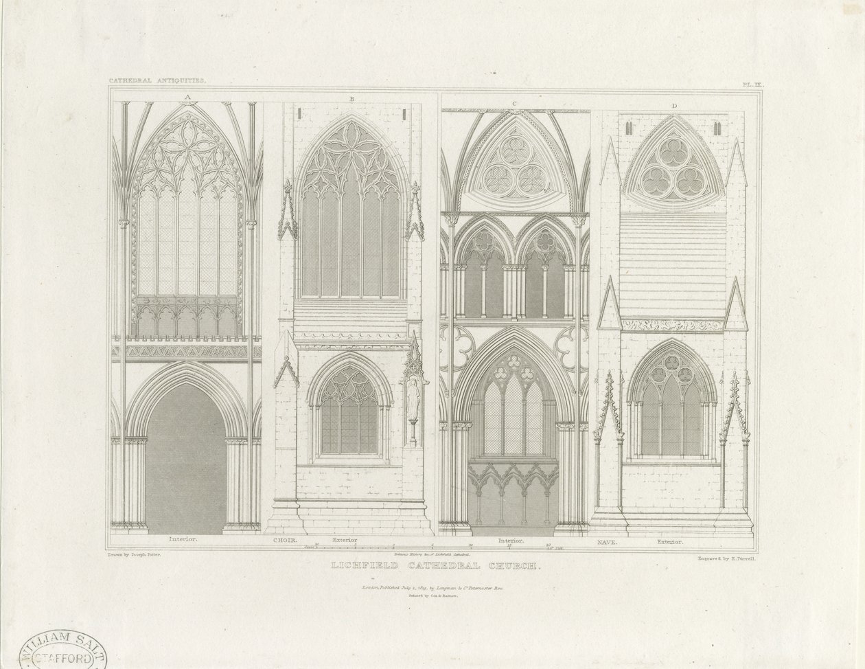Interiør af Lichfield Cathedral - Skib og Kor: gravering, nd [c 1819] (tryk) af John Britton