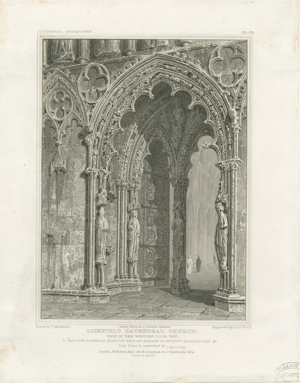 Lichfield Cathedral - West Door: gravering, og [c 1820] af John Britton