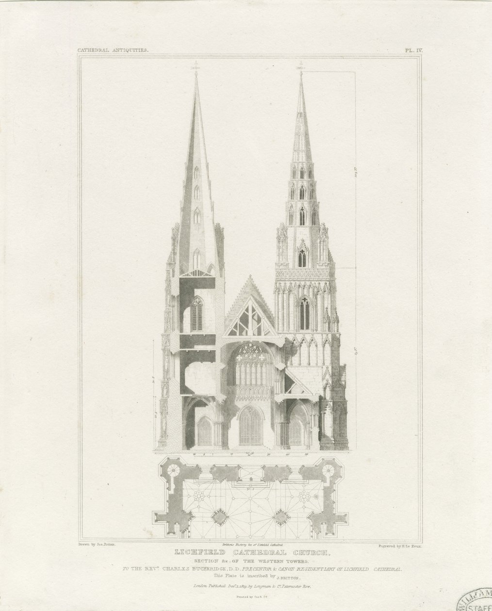 Lichfield Cathedral - Vestfronten: gravering, nd [c 1819] af John Britton