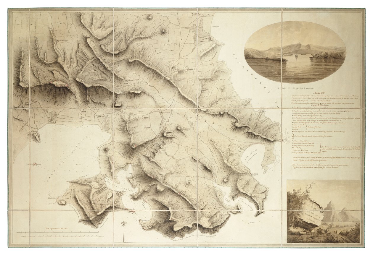 Plan over omgivelserne til English Harbour, Antigua, ca. 1782 (blæk og lavering, segmenteret og med bagside) af John Brown