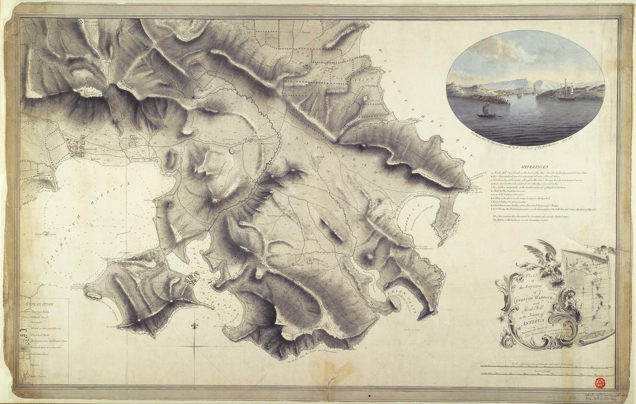Plan over omgivelserne til English Harbour og Monks Hill på øen Antigua opmålt og tegnet af John Brown, landmåler og tegner for hæren i Vestindien. af John Brown