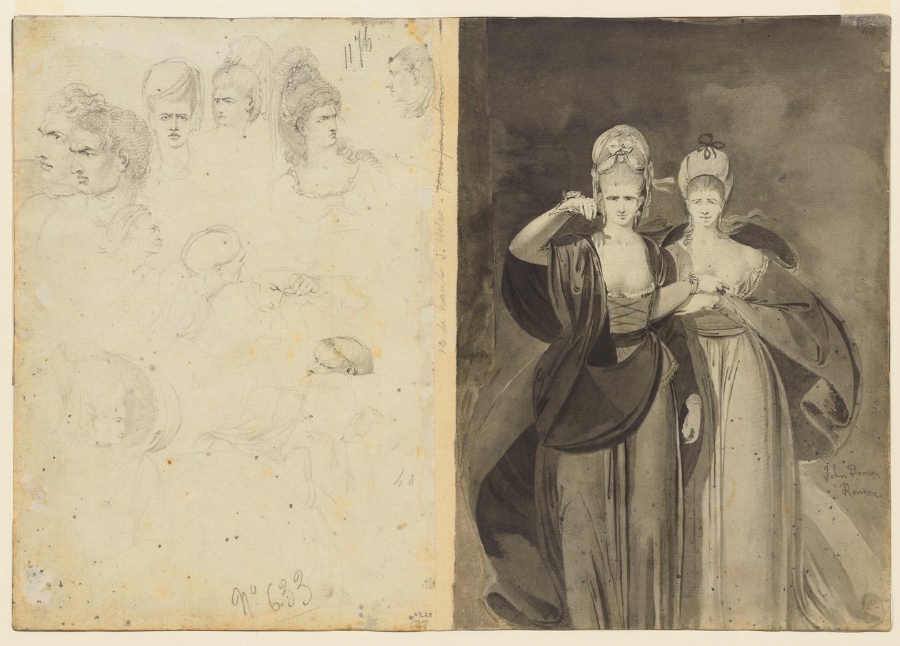 Skitser af hoveder verso, venstre, Two Women verso, højre, ca. 1770-1775. af John Brown