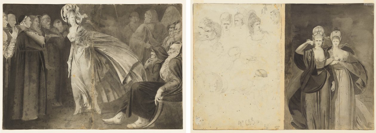 Kvinde, der står blandt brødrene (recto) Skitser af hoveder (verso, venstre); To kvinder (omvendt, højre) af John Brown