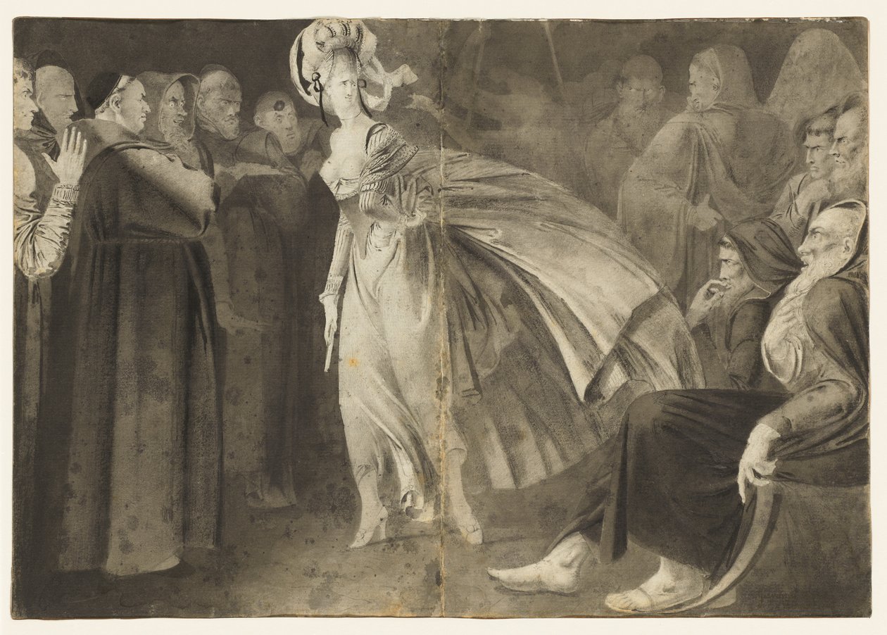 Kvinde stående blandt brødrene recto, ca. 1770-1775. af John Brown
