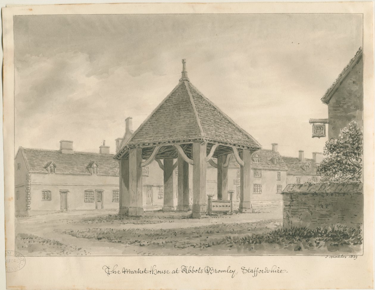 Abbots Bromley - Market House and Stocks: sepia drawing, 1839dani af John Buckler