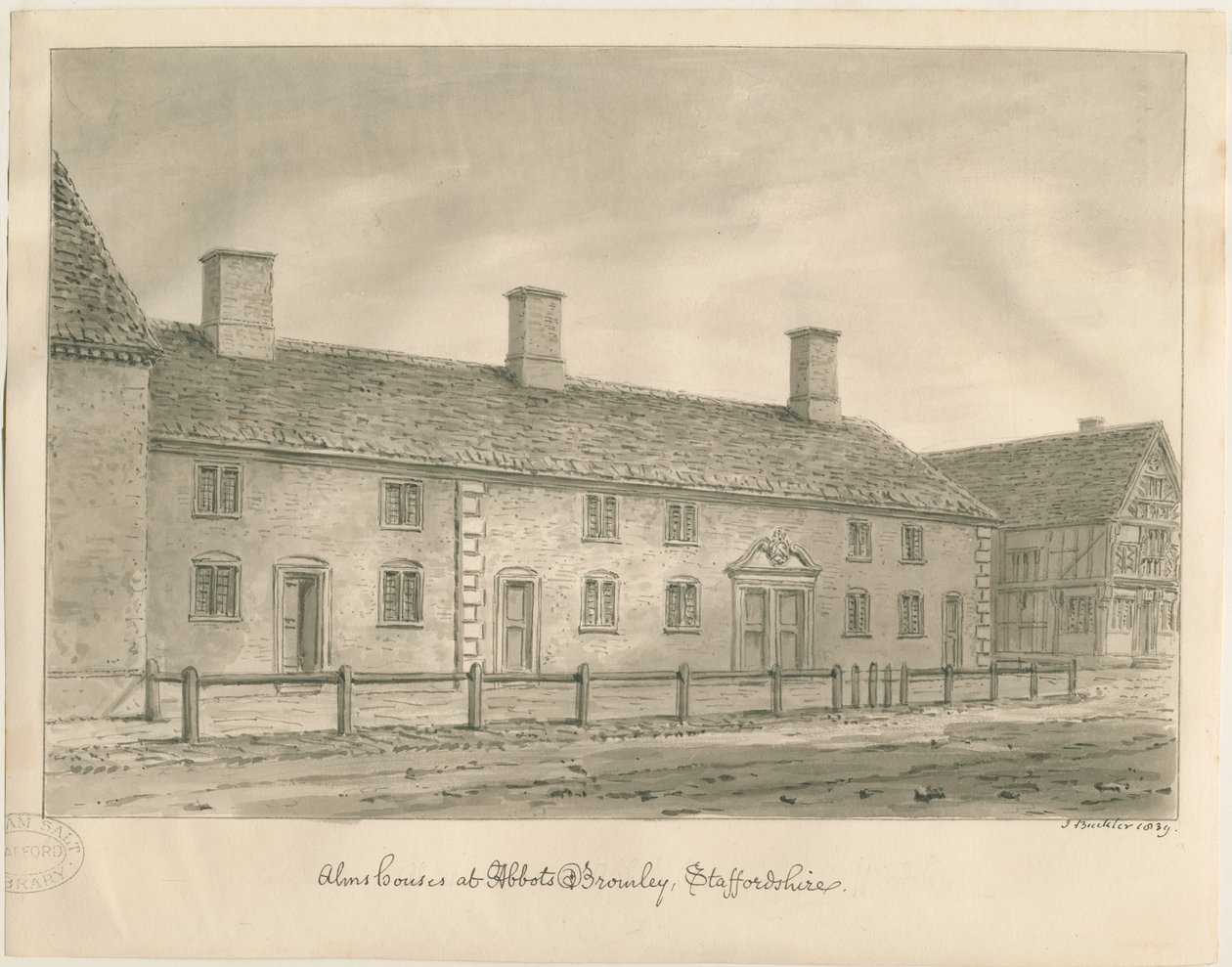 Abbots Bromley Almshouses: sepia tegning af John Buckler